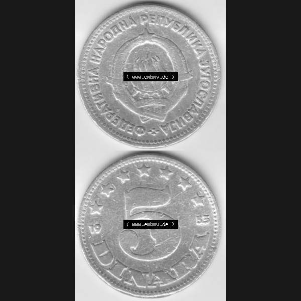 Grau bzw. s/w Münzen Jugoslawien Umlaufmünze 1953-1953, 5 Dinara, Münzseiten Vertikal für Mobile-Geräte zum Download Sammlung Graustufen
