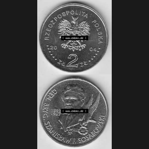 Grau bzw. s/w Münzen Polen Gedenkmünze 2004-2004, 2 Zloty, General Stanisław Sosabowski (1892-1967), Münzseiten Vertikal für Mobile-Geräte als Bildmaterial Sammlung Graustufen