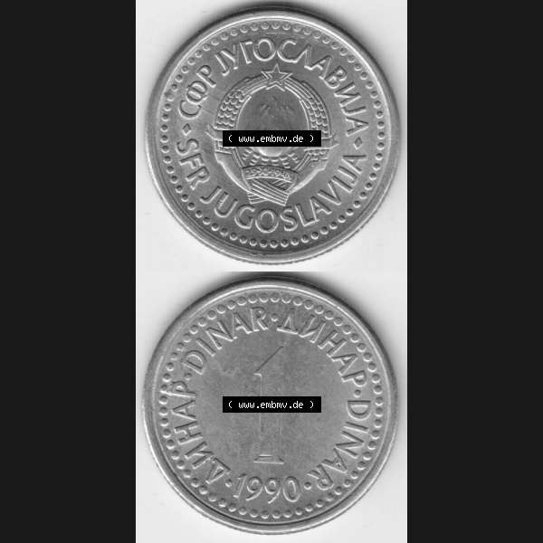 Grau bzw. s/w Münzen Jugoslawien Umlaufmünze 1990-1991, 1 Dinara 1990, Münzseiten Vertikal für Mobile-Geräte als Bildmaterial Sammlung Graustufen