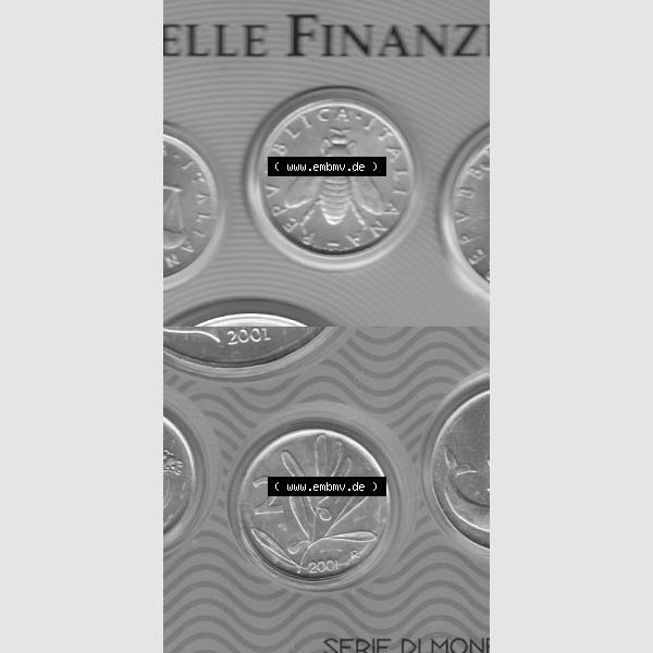 Grau bzw. s/w Münzen Italien Umlaufmünze 1953-2001, 2 Lira-Lire Insekt Münze 2001. Vorderseite und Rückseite vertikal untereinander auf einen digitalen Bild der alten italienischen Münze... Sammlung Graustufen