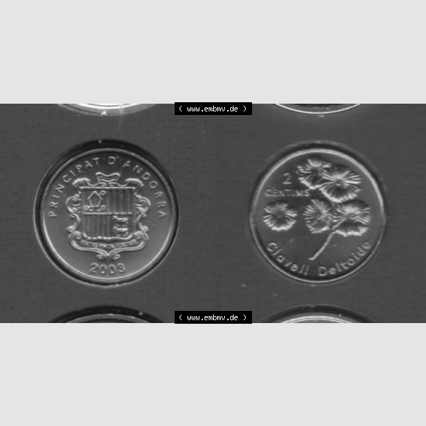 Grau bzw. s/w Münzen Andorra Sammlermünze aus KMS 2003, 2 Centims, Blumen, Heide-Nelke. Vorderseite und Rückseite horizontal auf einen digitalen Bild der alten Diner Umlaufmünze... Sammlung Graustufen