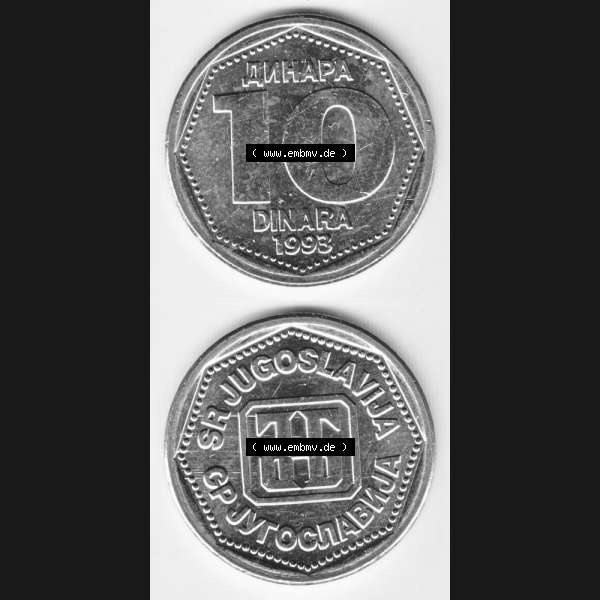 Grau bzw. s/w Münzen Jugoslawien Umlaufmünze 1993-1993, 10 Dinara, Dinar, Münzseiten Vertikal für Mobile-Geräte als Bildmaterial Sammlung Graustufen
