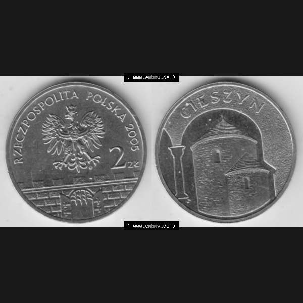 Grau bzw. s/w Münzen Polen Gedenkmünze 2005-2005, 2 Zloty, Historische Städte Polens - Cieszyn, Münzseiten Untereinander als Bildmaterial Sammlung Graustufen