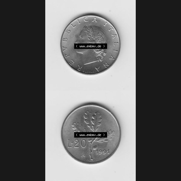 Grau bzw. s/w Münzen Italien Umlaufmünze 1956-2001, 20 Lira bzw. Lire 1991. Vorderseite und Rückseite vertikal untereinander auf einen digitalen Bild der alten italienischen Münze... Sammlung Graustufen