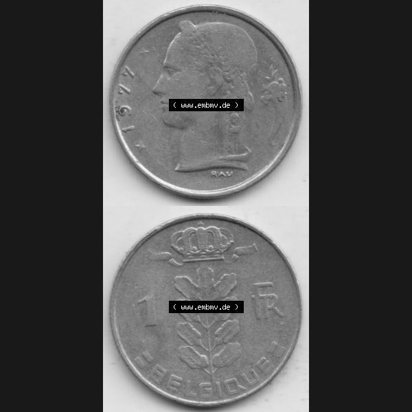 Grau bzw. s/w Münzen Belgien Umlaufmünze 1950-1988, 1 Francs-Franken 1977 Belgique. Vorderseite und Rückseite vertikal auf einen digitalen Bild der alten belgischen Francs Umlaufmünze... Sammlung Graustufen