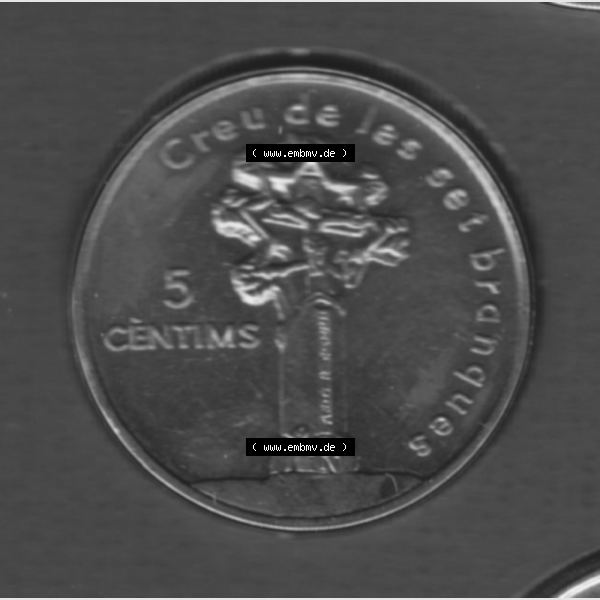 Grau bzw. s/w Münzen Andorra Sammlermünze aus KMS 2003, 5 Centims, Siebeneckiges Kreuz. Rückseite der alten Diner Umlaufmünze aus Andorra vor Einführung der Euromünzen... Sammlung Graustufen