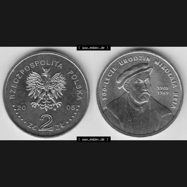 Grau bzw. s/w Münzen Polen Gedenkmünze 2005-2005, 2 Zloty, 500. Geburtstag von Mikołaj Rej, Bild mit Vollansicht als Bildmaterial Sammlung Graustufen