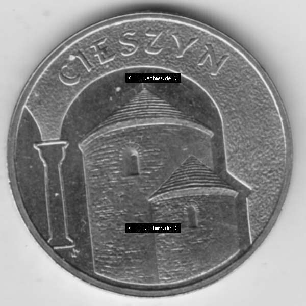Grau bzw. s/w Münzen Polen Gedenkmünze 2005-2005, 2 Zloty, Historische Städte Polens - Cieszyn, Bild mit Rückseite der Münze als Bildmaterial Sammlung Graustufen