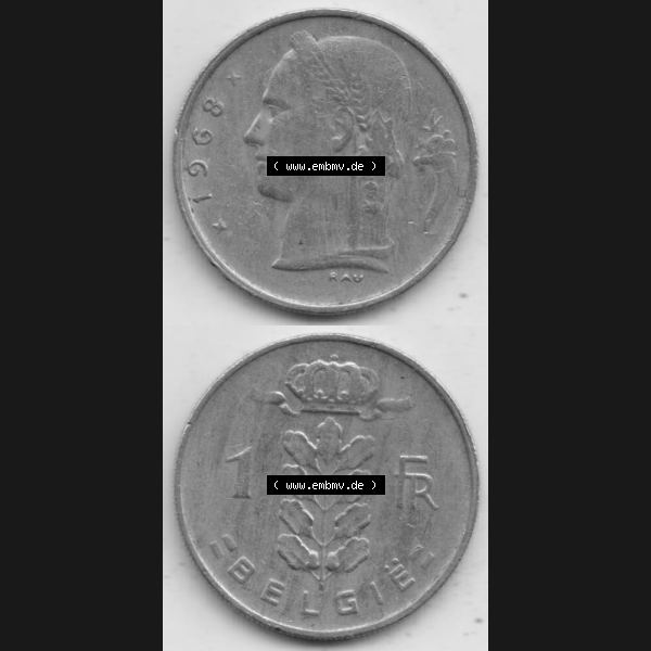 Grau bzw. s/w Münzen Belgien Umlaufmünze 1950-1988, 1 Francs-Franken 1968 Belgie. Vorderseite und Rückseite vertikal auf einen digitalen Bild der alten belgischen Francs Umlaufmünze... Sammlung Graustufen