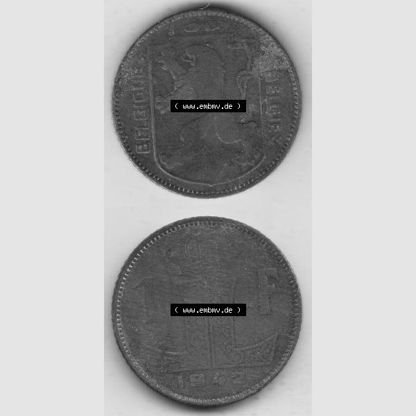 Grau bzw. s/w Münzen Belgien Umlaufmünze 1942-1947, 1 Franken 1942 Belgie - Belgique. Vorderseite und Rückseite vertikal auf einen digitalen Bild der alten belgischen Francs Umlaufmünze... Sammlung Graustufen