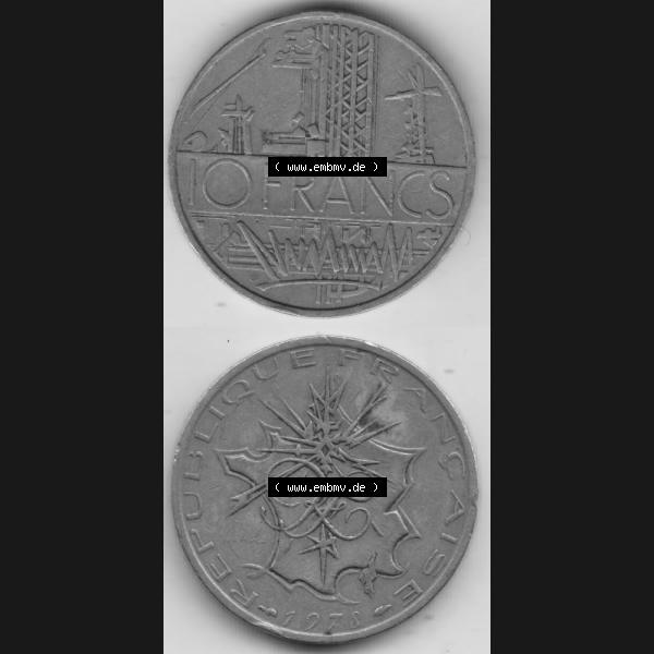 Grau bzw. s/w Münze Frankreich 1974-1987, 10 Franken-Francs 1978 III.. Vorderseite und Rückseite vertikal auf einen digitalen Bild der alten französischen Umlaufmünze aus Frankreich... Sammlung Graustufen