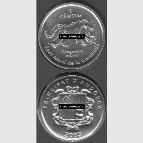Grau bzw. s/w Münzen Andorra Sammlermünze aus KMS 2003, 1 Centime, Església Sant Martí de la Cortinada. Vorderseite und Rückseite vertikal auf einen digitalen Bild der... Sammlung Graustufen
