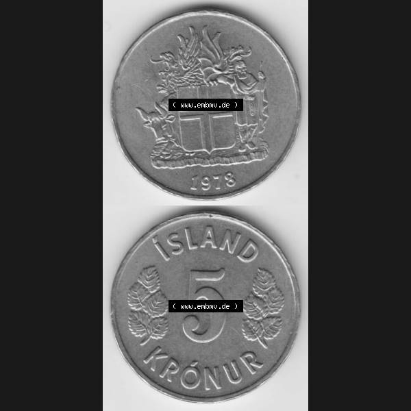 Grau bzw. s/w Münzen Island Umlaufmünze 1969-1980, 5 Kronur, Kronen 1978. Vorderseite und Rückseite vertikal untereinander auf einen digitalen Bild der alten Isländischen Umlaufmünze... Sammlung Graustufen