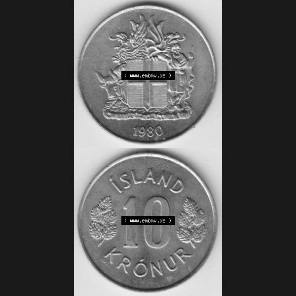 Grau bzw. s/w Münzen Island Umlaufmünze 1967-1980, 10 Kronur, Kronen 1980. Vorderseite und Rückseite vertikal untereinander auf einen digitalen Bild der alten Isländischen Umlaufmünze... Sammlung Graustufen