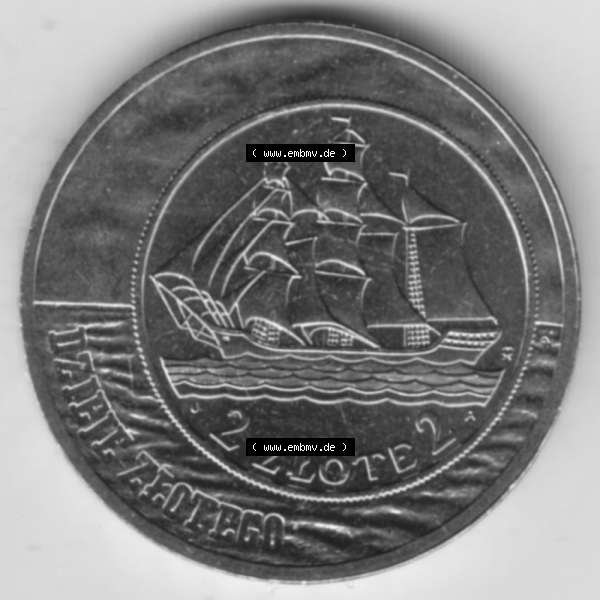 Grau bzw. s/w Münzen Polen Gedenkmünze 2005-2005, 2 Zloty, Segelschiff auf 2 Zloty und 5 Zloty der Ausgabe 1936, Bild mit Rückseite der Münze als Bildmaterial Sammlung Graustufen
