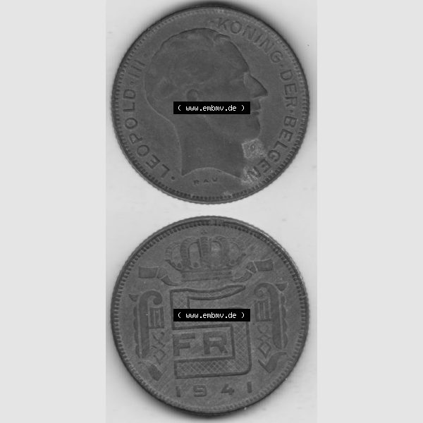 Grau bzw. s/w Münzen Belgien Umlaufmünze 1941-1946, 5 Franken 1941, Der Belgen. Vorderseite und Rückseite vertikal auf einen digitalen Bild der alten belgischen Francs Umlaufmünze... Sammlung Graustufen