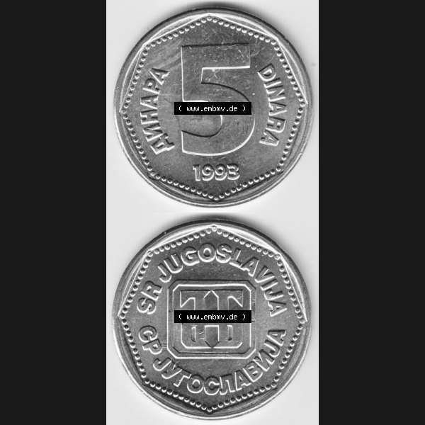 Grau bzw. s/w Münzen Jugoslawien Umlaufmünze 1993-1993, 5 Dinara, Dinar, Münzseiten Vertikal für Mobile-Geräte als Bildmaterial Sammlung Graustufen