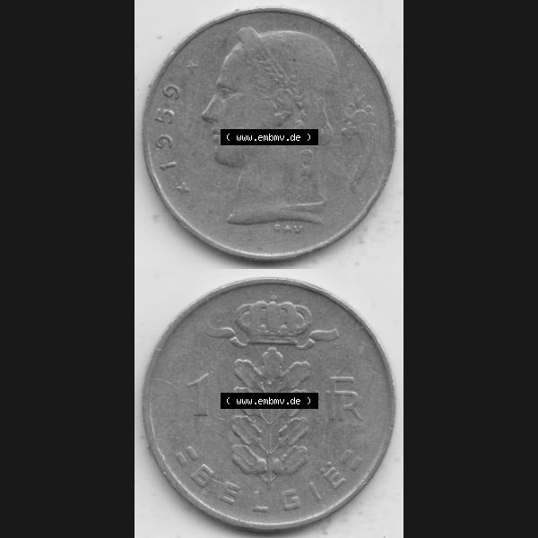 Grau bzw. s/w Münzen Belgien Umlaufmünze 1950-1988, 1 Francs-Franken 1959 Belgie. Vorderseite und Rückseite vertikal auf einen digitalen Bild der alten belgischen Francs Umlaufmünze... Sammlung Graustufen