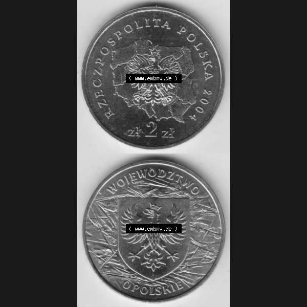 Grau bzw. s/w Münzen Polen Gedenkmünze 2004-2004, 2 Zloty, Woiwodschaft Oppeln, Münzseiten Vertikal für Mobile-Geräte als Bildmaterial Sammlung Graustufen