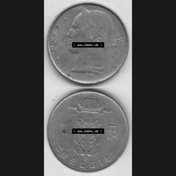 Grau bzw. s/w Münzen Belgien Umlaufmünze 1950-1988, 1 Francs-Franken 1973 Belgie. Vorderseite und Rückseite vertikal auf einen digitalen Bild der alten belgischen Francs Umlaufmünze... Sammlung Graustufen