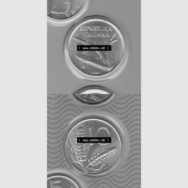 Grau bzw. s/w Münzen Italien Umlaufmünze 1951-2001, 10 Lira-Lire Kleine Münze 2001. Vorderseite und Rückseite vertikal untereinander auf einen digitalen Bild der alten italienischen... Sammlung Graustufen