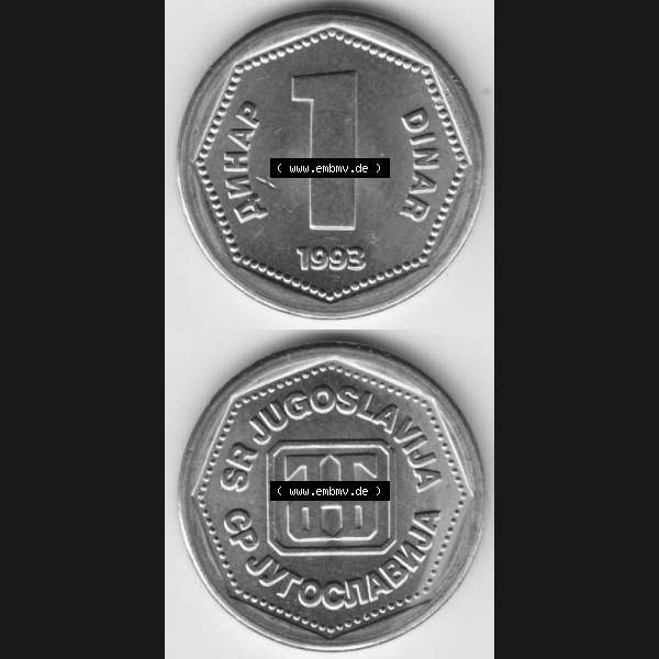Grau bzw. s/w Münzen Jugoslawien Umlaufmünze 1993-1993, 1 Dinar, Münzseiten Vertikal für Mobile-Geräte als Bildmaterial Sammlung Graustufen