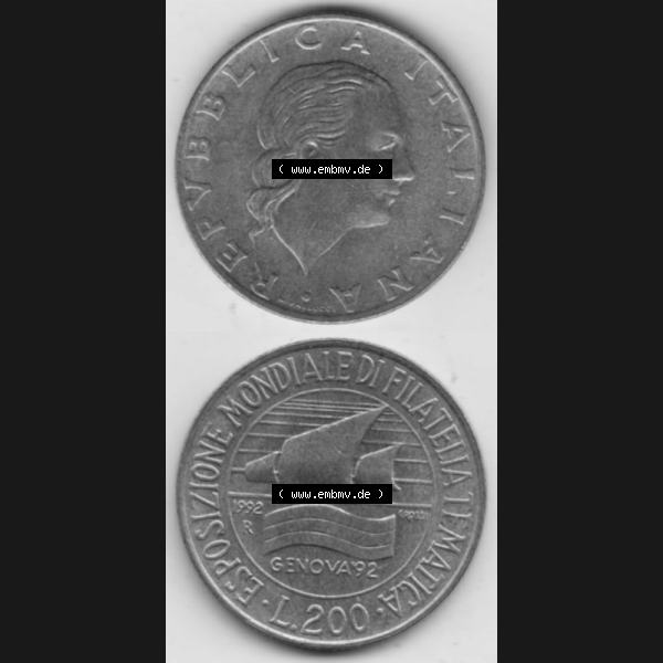 Grau bzw. s/w Münzen Italien Gedenkmünze 1992-1992, 200 Lire Briefmarkenausstellung in Genua, Münzseiten Vertikal für Mobile-Geräte zum Download Sammlung Graustufen