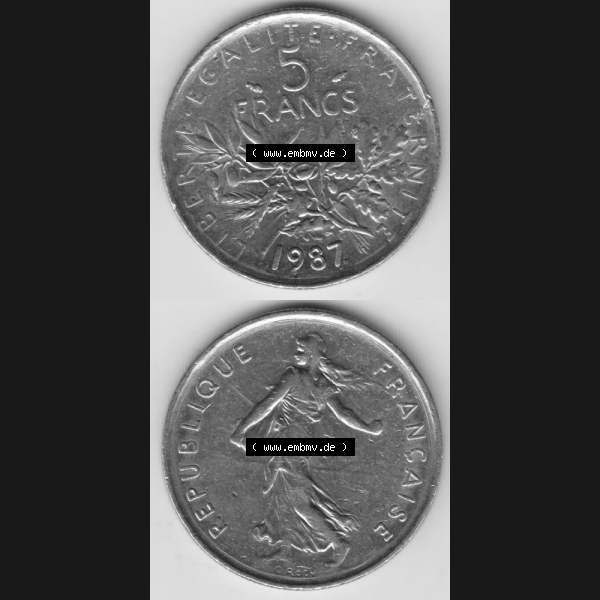 Grau bzw. s/w Münze Frankreich 1970-2001, 5 Francs Liberte Egalite Fraternite. Vorderseite und Rückseite vertikal auf einen digitalen Bild der alten französischen Umlaufmünze aus Frankreich... Sammlung Graustufen