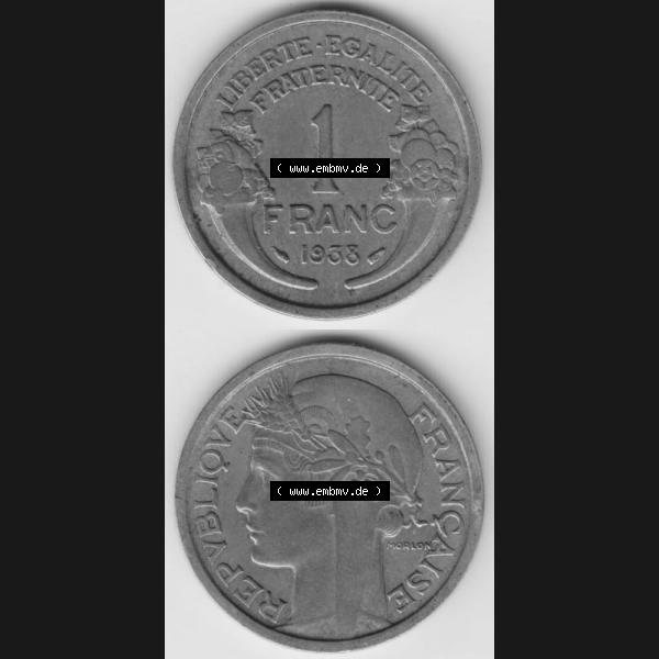 Grau bzw. s/w Münze Frankreich 1931-1941, 1 Francs, Franken 1938. Vorderseite und Rückseite vertikal auf einen digitalen Bild der alten französischen Umlaufmünze aus Frankreich... Sammlung Graustufen