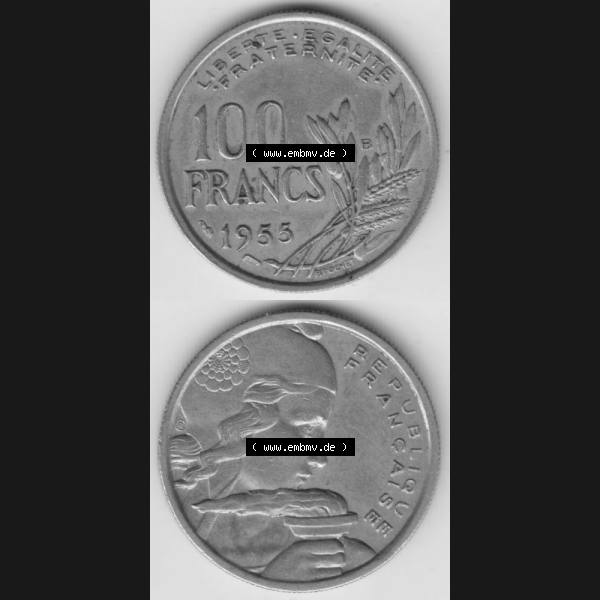 Grau bzw. s/w Münze Frankreich 1954-1958; 100 Francs, Franken Typ I. 1955. Vorderseite und Rückseite vertikal auf einen digitalen Bild der alten französischen Umlaufmünze... Sammlung Graustufen
