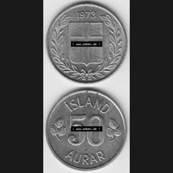 Grau bzw. s/w Münzen Island Umlaufmünze 1969-1974, 50 Aurar 1973. Vorderseite und Rückseite vertikal untereinander auf einen digitalen Bild der alten Isländischen Umlaufmünze aus... Sammlung Graustufen