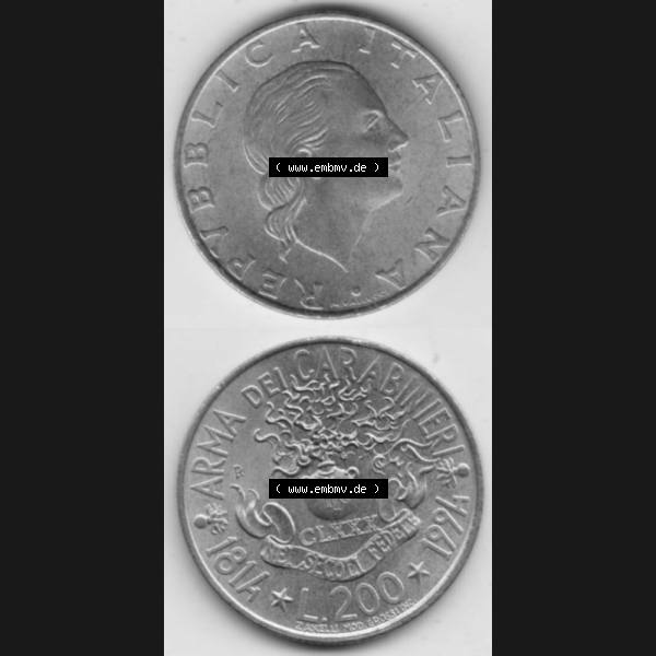 Grau bzw. s/w Münzen Italien Gedenkmünze 1994-1994, 200 Lire 180 Jahre Carabinieri. Vorderseite und Rückseite vertikal untereinander auf einen digitalen Bild der alten italienischen Münze... Sammlung Graustufen