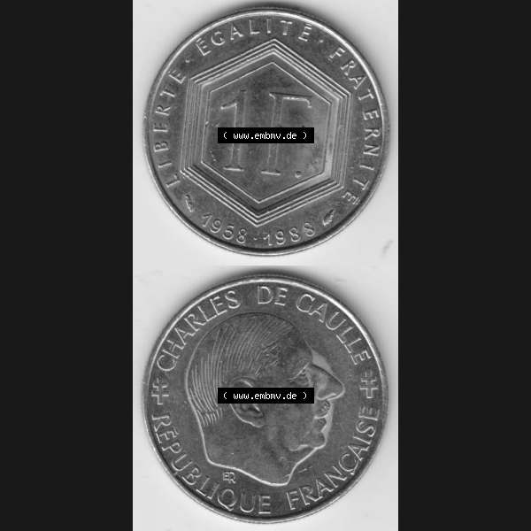 Grau bzw. s/w Münze Frankreich 1988-1988, 1 Francs, Franken 1988. Vorderseite und Rückseite vertikal auf einen digitalen Bild der alten französischen Umlaufmünze aus Frankreich... Sammlung Graustufen