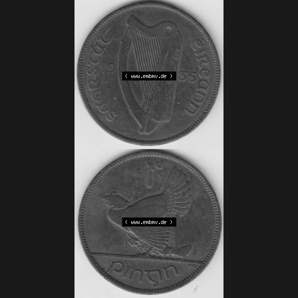 Grau bzw. s/w Münzen Irland Umlaufmünze 1928-1937, 1 Penny, Pence 1935. Vorderseite und Rückseite vertikal untereinander auf einen digitalen Bild der alten irischen Umlaufmünze... Sammlung Graustufen