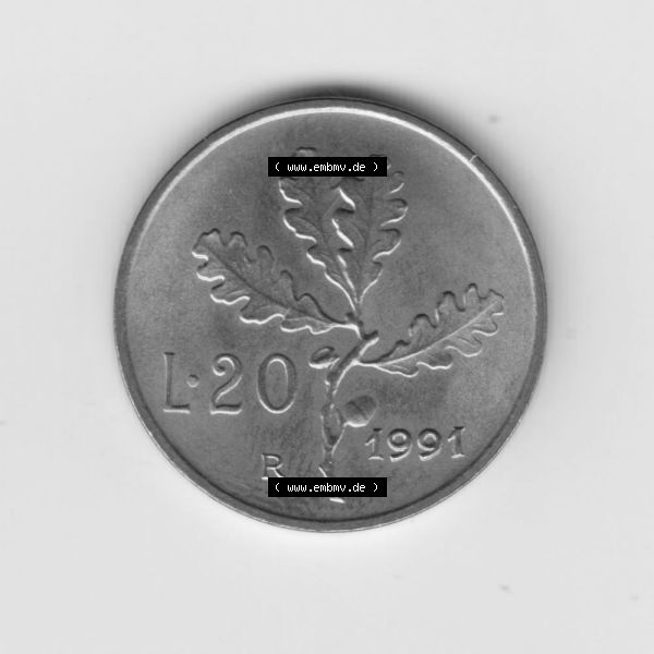Grau bzw. s/w Münzen Italien Umlaufmünze 1956-2001, 20 Lira bzw. Lire 1991. Rückseite der alten italienischen Münze aus Italien in der italienischen Lira-Währung zum katalogisieren... Sammlung Graustufen