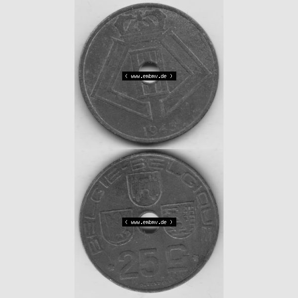 Grau bzw. s/w Münzen Belgien Umlaufmünze 1942-1946, 25 Centimes 1943 Belgie - Belgique. Vorderseite und Rückseite vertikal auf einen digitalen Bild der alten belgischen Francs Umlaufmünze... Sammlung Graustufen