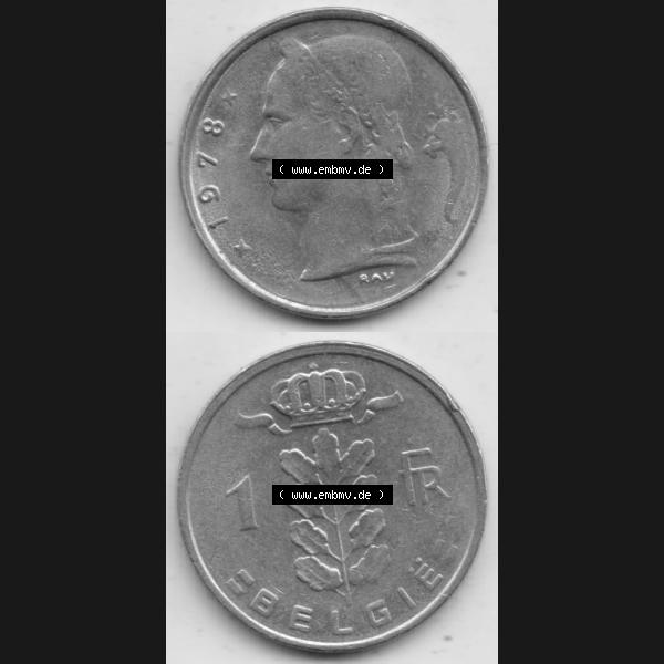Grau bzw. s/w Münzen Belgien Umlaufmünze 1950-1988, 1 Francs-Franken 1978 Belgie. Vorderseite und Rückseite vertikal auf einen digitalen Bild der alten belgischen Francs Umlaufmünze... Sammlung Graustufen
