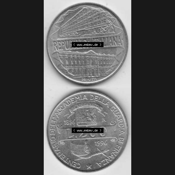 Grau bzw. s/w Münzen Italien Gedenkmünze 1996-1996, 200 Lire Zollakademie. Vorderseite und Rückseite vertikal untereinander auf einen digitalen Bild der alten italienischen Münze aus... Sammlung Graustufen