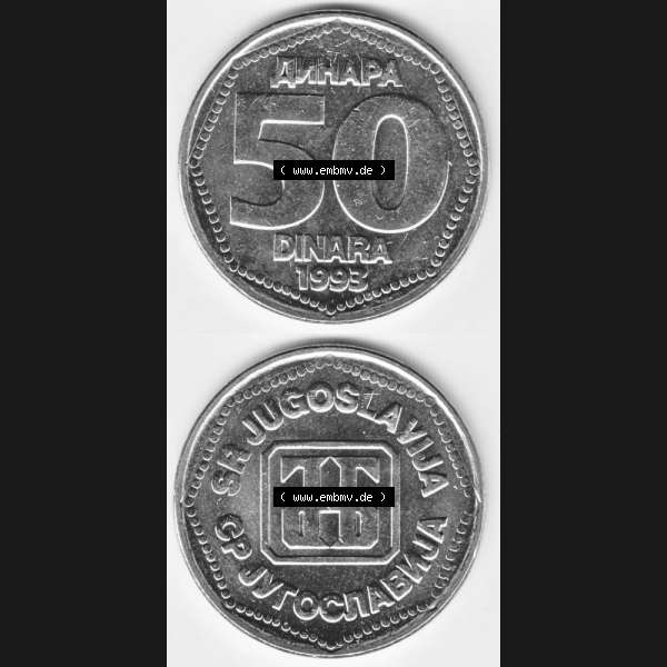 Grau bzw. s/w Münzen Jugoslawien Umlaufmünze 1993-1993, 50 Diinara, Dinar, Münzseiten Vertikal für Mobile-Geräte als Bildmaterial Sammlung Graustufen