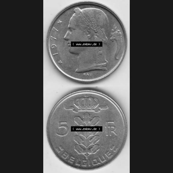 Grau bzw. s/w Münzen Belgien Umlaufmünze 1948-1981, 5 Francs Belgique. Vorderseite und Rückseite vertikal auf einen digitalen Bild der alten belgischen Francs Umlaufmünze aus Belgien... Sammlung Graustufen