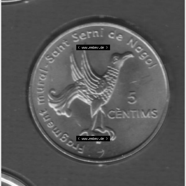 Grau bzw. s/w Münzen Andorra Sammlermünze aus KMS 2003, 5 Centimes, Sant Serni Kirche in Nagol. Rückseite der alten Diner Umlaufmünze aus Andorra vor Einführung der Euromünzen... Sammlung Graustufen