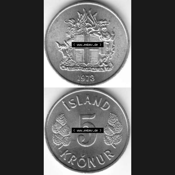 Grau bzw. s/w Münzen Island Umlaufmünze 1969-1980, 5 Kronur, Kronen 1973. Vorderseite und Rückseite vertikal untereinander auf einen digitalen Bild der alten Isländischen Umlaufmünze... Sammlung Graustufen