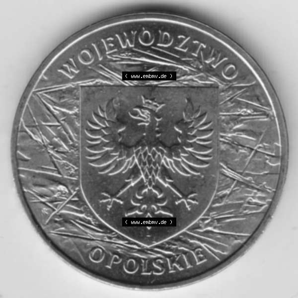 Grau bzw. s/w Münzen Polen Gedenkmünze 2004-2004, 2 Zloty, Woiwodschaft Oppeln, Bild mit Rückseite der Münze als Bildmaterial Sammlung Graustufen