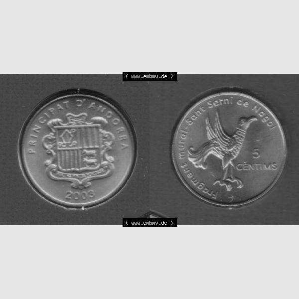 Grau bzw. s/w Münzen Andorra Sammlermünze aus KMS 2003, 5 Centimes, Sant Serni Kirche in Nagol. Vorderseite und Rückseite horizontal auf einen digitalen Bild der alten Diner Umlaufmünze... Sammlung Graustufen