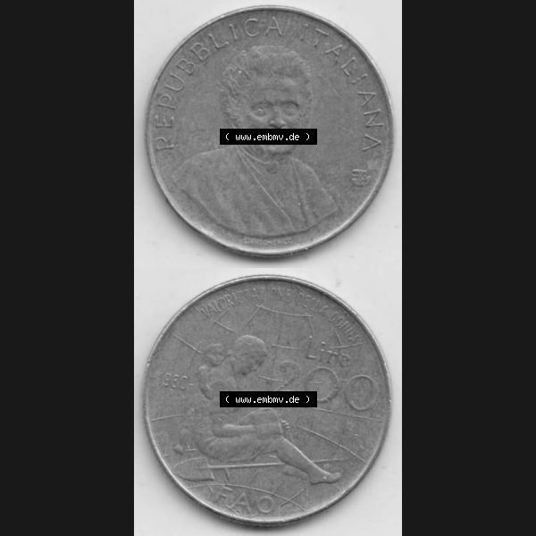 Grau bzw. s/w Münzen Italien Gedenkmünze 1980-1980, 200 Lire FAO - Internationales Jahr der Frau. Vorderseite und Rückseite vertikal untereinander auf einen digitalen Bild der alten italienischen... Sammlung Graustufen