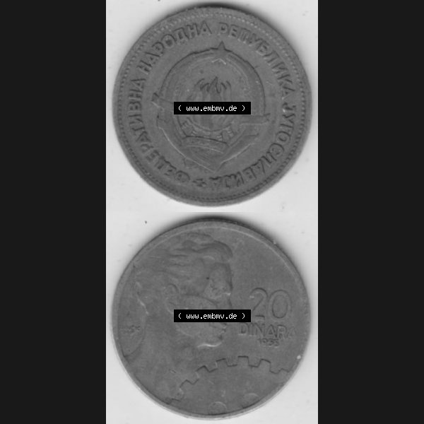 Grau bzw. s/w Münzen Jugoslawien Umlaufmünze 1955-1955, 20 Dinar 1955, Münzseiten Vertikal für Mobile-Geräte zum Download Sammlung Graustufen