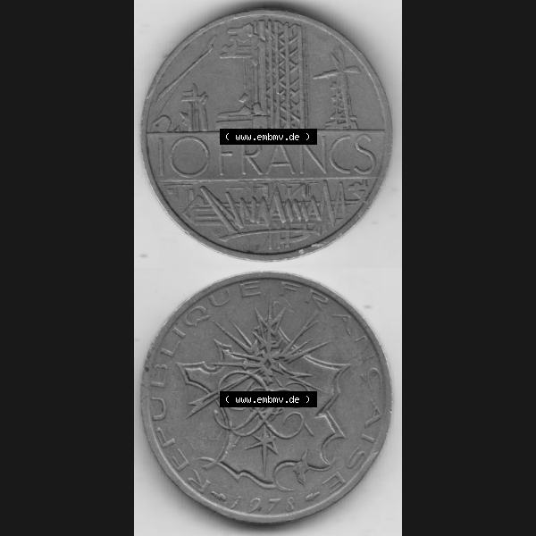Grau bzw. s/w Münze Frankreich 1974-1987, 10 Franken-Francs 1978 I.. Vorderseite und Rückseite vertikal auf einen digitalen Bild der alten französischen Umlaufmünze aus Frankreich... Sammlung Graustufen