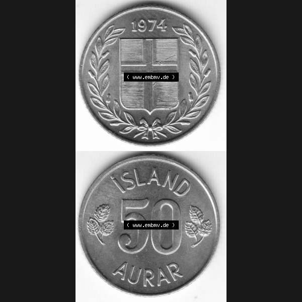 Grau bzw. s/w Münzen Island Umlaufmünze 1969-1974, 50 Aurar 1974. Vorderseite und Rückseite vertikal untereinander auf einen digitalen Bild der alten Isländischen Umlaufmünze aus... Sammlung Graustufen