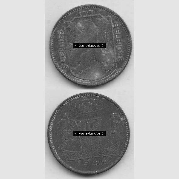 Grau bzw. s/w Münzen Belgien Umlaufmünze 1942-1947, 1 Franken 1944 Belgie - Belgique. Vorderseite und Rückseite vertikal auf einen digitalen Bild der alten belgischen Francs Umlaufmünze... Sammlung Graustufen