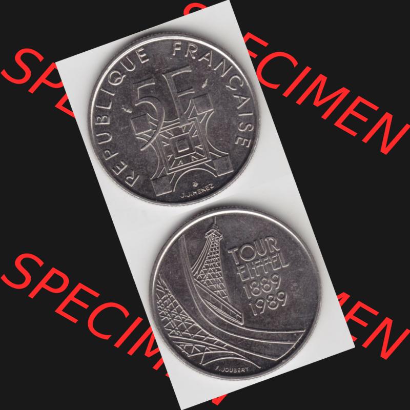 Münze Frankreich 1989-1989, 5 Francs Franken Eiffelturm. Vorderseite und Rückseite vertikal auf einen digitalen Bild der alten französischen Umlaufmünze aus Frankreich... Sammlung